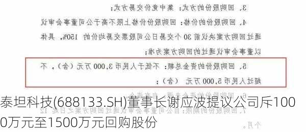 泰坦科技(688133.SH)董事长谢应波提议公司斥1000万元至1500万元回购股份