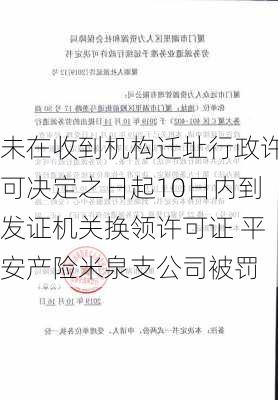 未在收到机构迁址行政许可决定之日起10日内到发证机关换领许可证 平安产险米泉支公司被罚