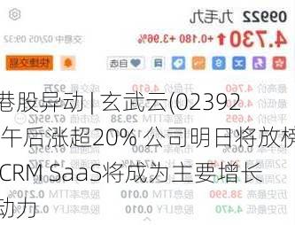 港股异动 | 玄武云(02392)午后涨超20% 公司明日将放榜 CRM SaaS将成为主要增长动力