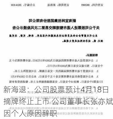 新海退：公司股票预计4月18日摘牌终止上市 公司董事长张亦斌因个人原因辞职