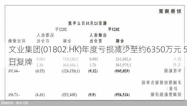 文业集团(01802.HK)年度亏损减少至约6350万元 5日复牌