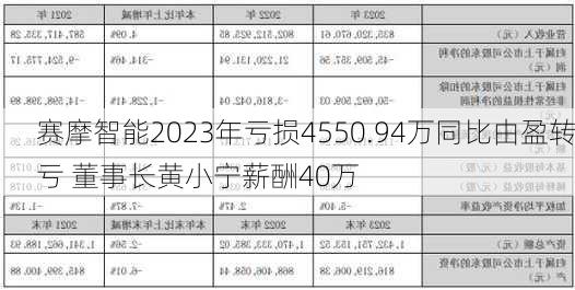 赛摩智能2023年亏损4550.94万同比由盈转亏 董事长黄小宁薪酬40万