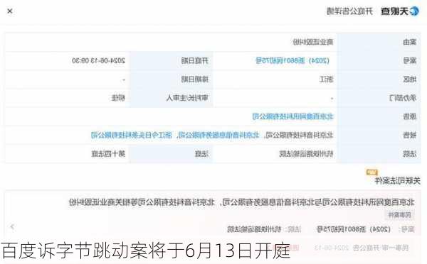 百度诉字节跳动案将于6月13日开庭