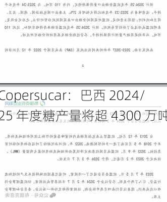 Copersucar：巴西 2024/25 年度糖产量将超 4300 万吨