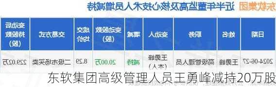 东软集团高级管理人员王勇峰减持20万股