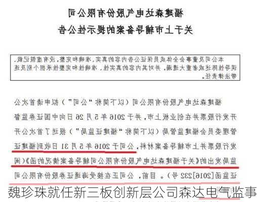 魏珍珠就任新三板创新层公司森达电气监事