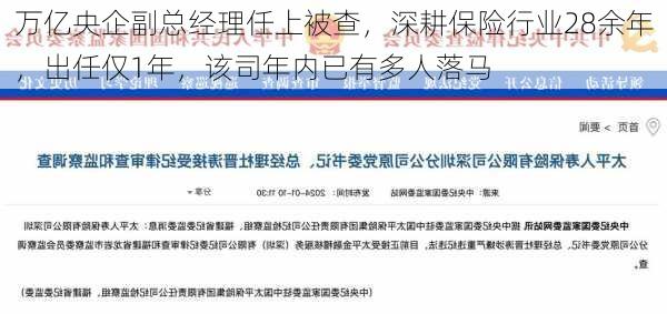 万亿央企副总经理任上被查，深耕保险行业28余年，出任仅1年，该司年内已有多人落马