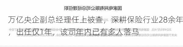 万亿央企副总经理任上被查，深耕保险行业28余年，出任仅1年，该司年内已有多人落马