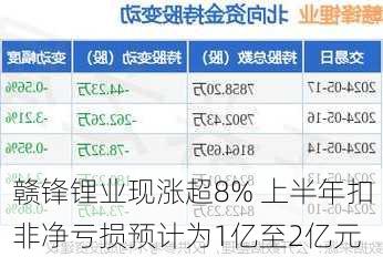 赣锋锂业现涨超8% 上半年扣非净亏损预计为1亿至2亿元