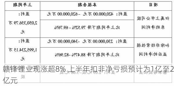 赣锋锂业现涨超8% 上半年扣非净亏损预计为1亿至2亿元