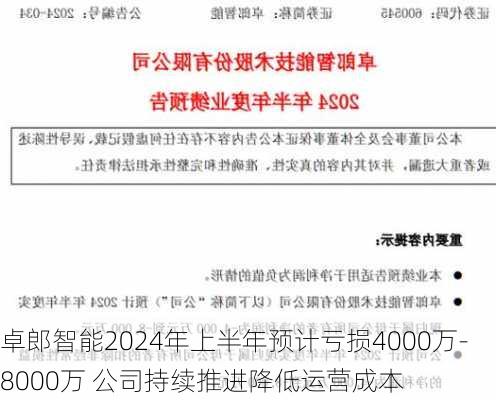 卓郎智能2024年上半年预计亏损4000万-8000万 公司持续推进降低运营成本