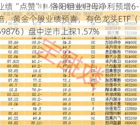 业绩“点赞”！洛阳钼业归母净利预增6-7倍，黄金个股业绩预喜，有色龙头ETF（159876）盘中逆市上探1.57%