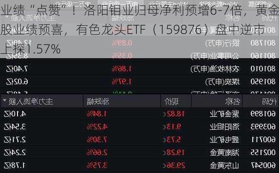业绩“点赞”！洛阳钼业归母净利预增6-7倍，黄金个股业绩预喜，有色龙头ETF（159876）盘中逆市上探1.57%