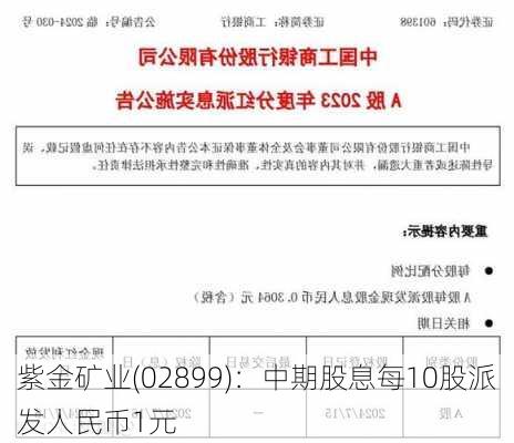 紫金矿业(02899)：中期股息每10股派发人民币1元