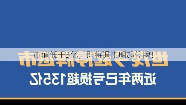 市值低于3亿，即将退市明起停牌！