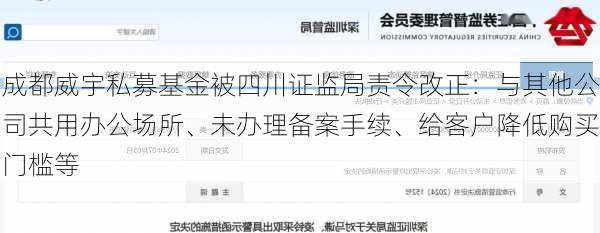 成都威宇私募基金被四川证监局责令改正：与其他公司共用办公场所、未办理备案手续、给客户降低购买门槛等