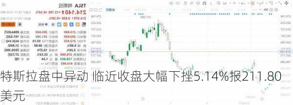 特斯拉盘中异动 临近收盘大幅下挫5.14%报211.80美元