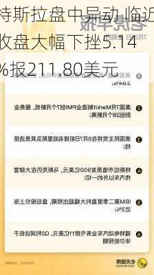 特斯拉盘中异动 临近收盘大幅下挫5.14%报211.80美元