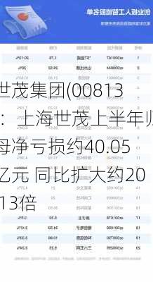 世茂集团(00813)：上海世茂上半年归母净亏损约40.05亿元 同比扩大约20.13倍