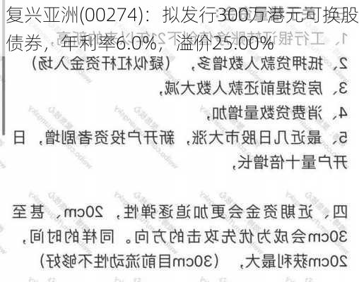 复兴亚洲(00274)：拟发行300万港元可换股债券，年利率6.0%，溢价25.00%