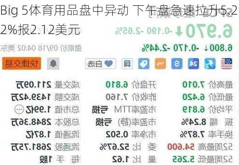 Big 5体育用品盘中异动 下午盘急速拉升5.22%报2.12美元