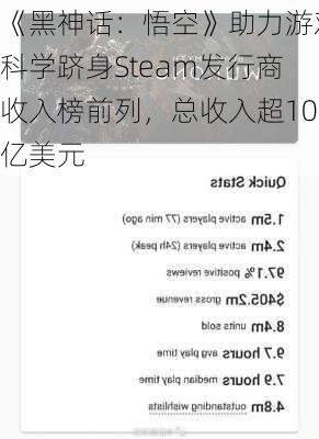 《黑神话：悟空》助力游戏科学跻身Steam发行商收入榜前列，总收入超10亿美元