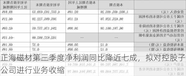 正海磁材第三季度净利润同比降近七成，拟对控股子公司进行业务收缩