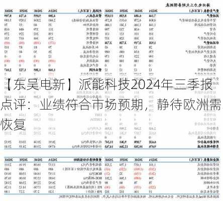 【东吴电新】派能科技2024年三季报点评：业绩符合市场预期，静待欧洲需求恢复