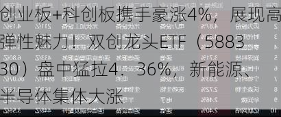 创业板+科创板携手豪涨4%，展现高弹性魅力！双创龙头ETF（588330）盘中猛拉4．36%，新能源、半导体集体大涨