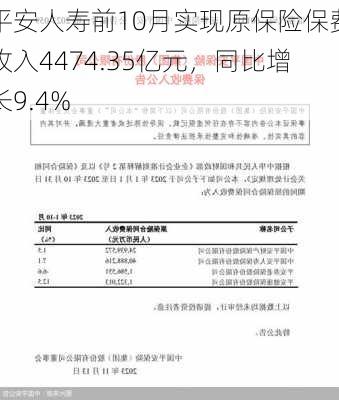 平安人寿前10月实现原保险保费收入4474.35亿元，同比增长9.4%