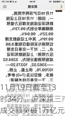 11月19日截至13时34分，沪深京三市成交额突破1万亿元