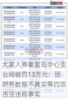 大家人寿秦皇岛中心支公司被罚13万元：因财务数据不真实等四项违法违规事实