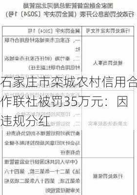 石家庄市栾城农村信用合作联社被罚35万元：因违规分红