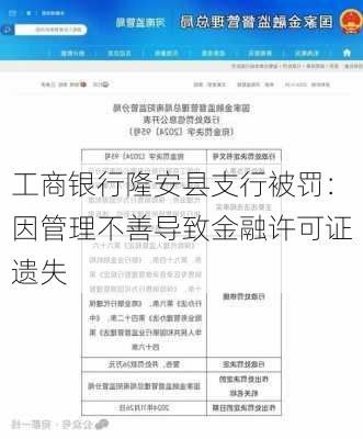 工商银行隆安县支行被罚：因管理不善导致金融许可证遗失